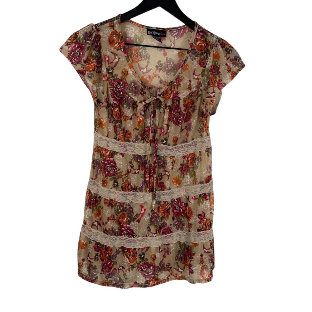 Self Esteem Juniors Top Floral Semi Sheer Mesh Multicolor Sz M Forest Fairy Boho